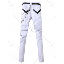 PU-Leather Spliced Zip-Up Embellished Zipper Fly Narrow Feet Pants For Men