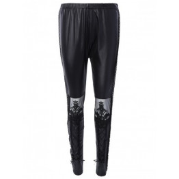 Slimming Lace Spliced Tied-Up Leather Pants